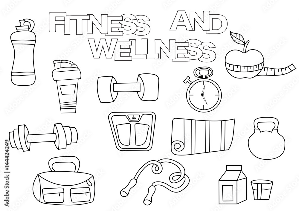 Hand drawn fitness and wellness set coloring book template outline doodle elements vector illustration kids game page vector