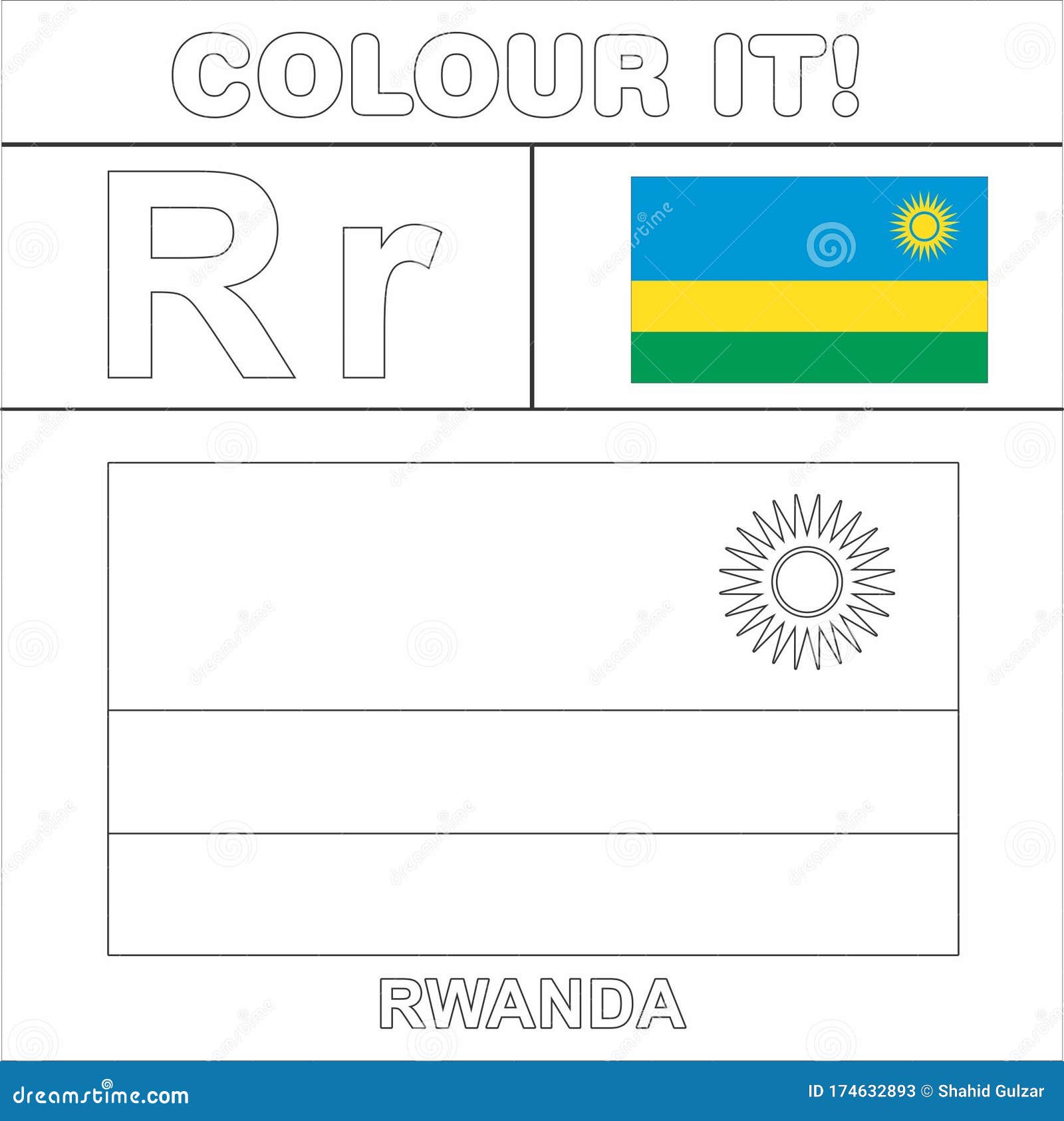Colour it kids colouring page country starting from english letter r rwanda how to color flag stock illustration
