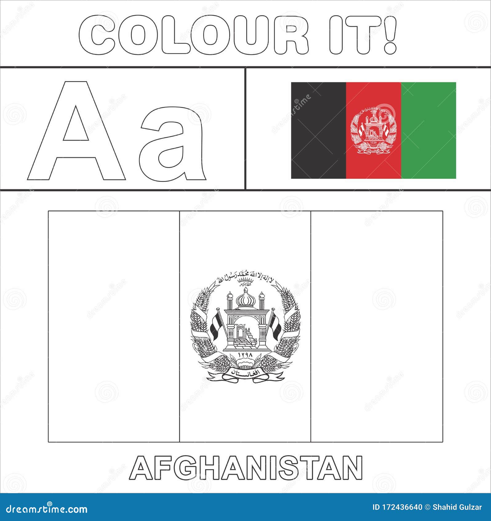 Colour it vector coloring page for kids country flag starting from english latter a a afghanistan flag line drawing stock illustration