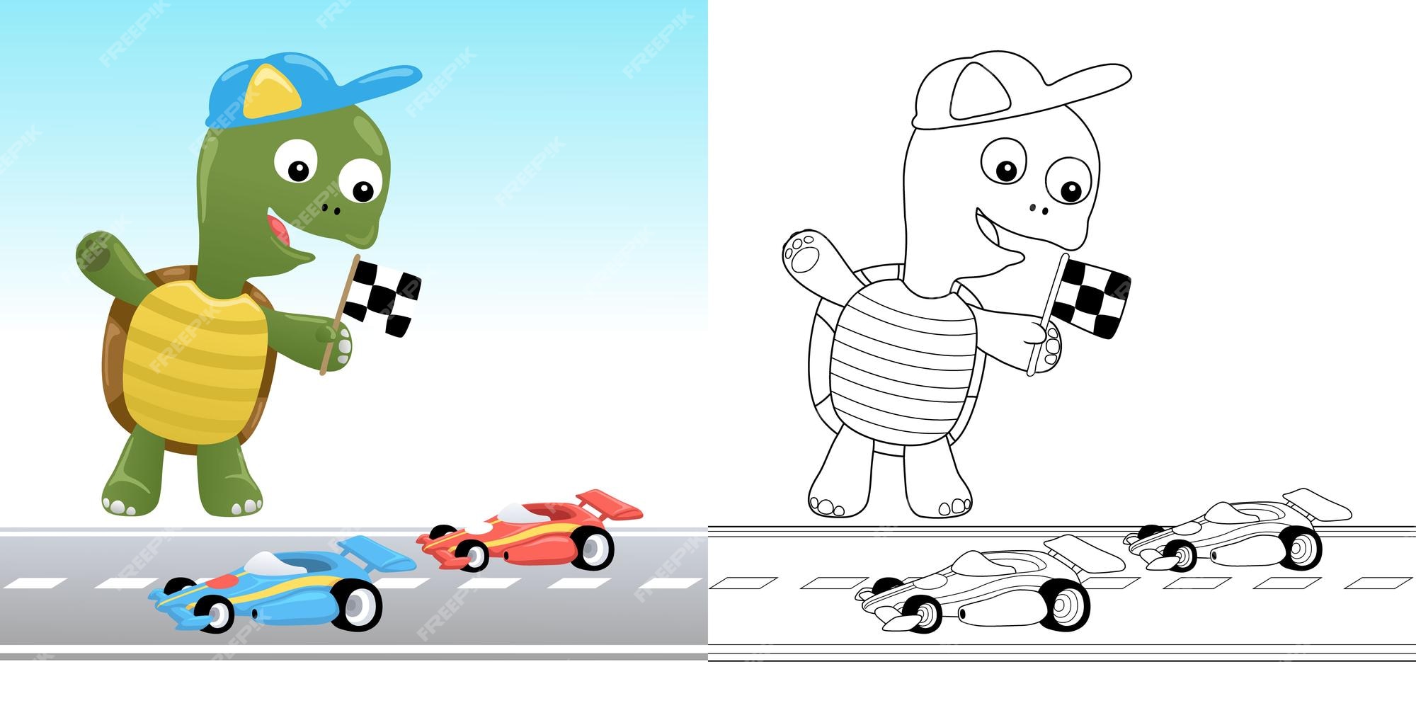 Premium vector vector illustration of cartoon turtle holding finish flag in toy car racing coloring book or page for kids