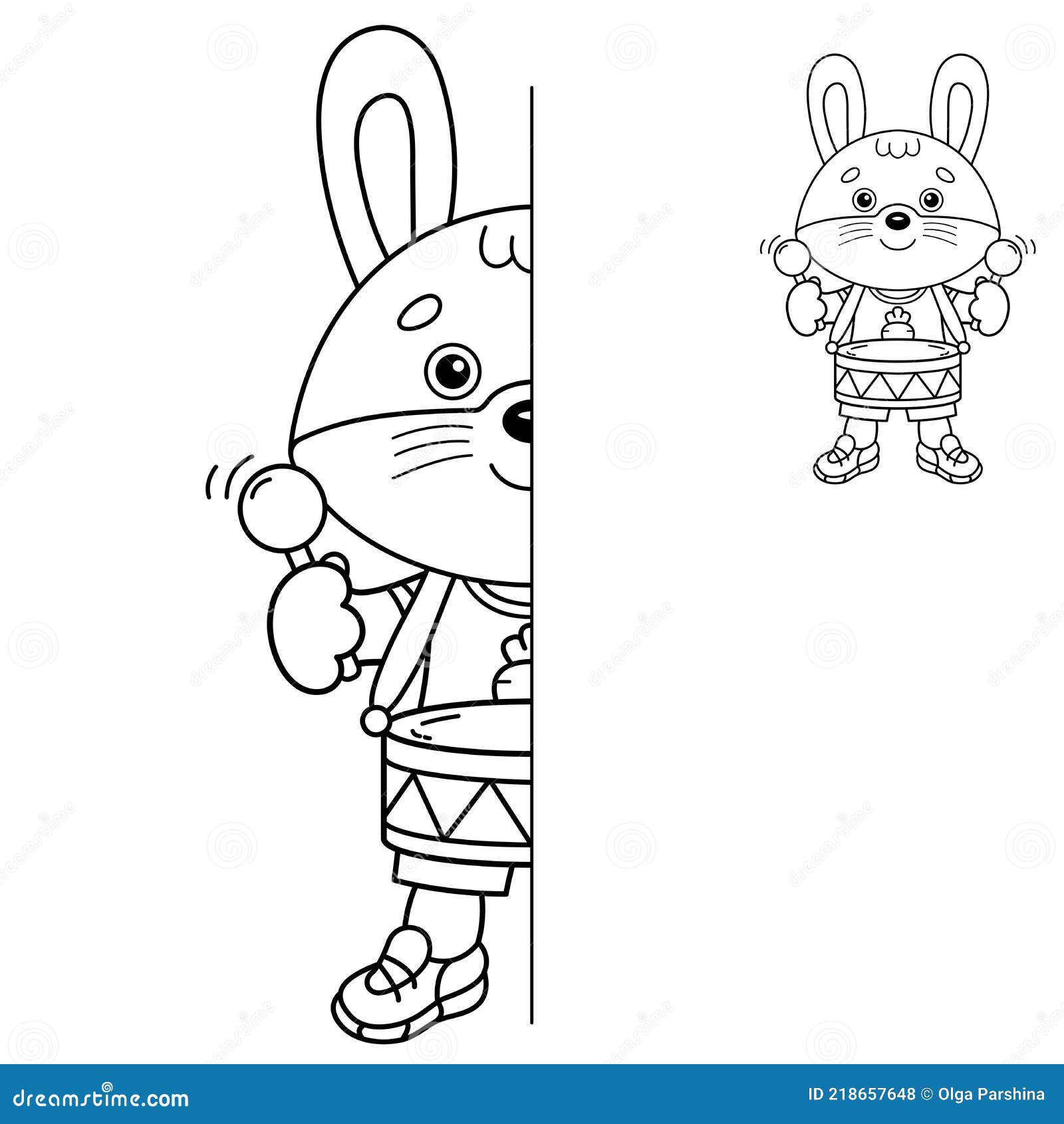 Draw symmetrically coloring page outline of cartoon little bunny or hare with toy drum stock vector