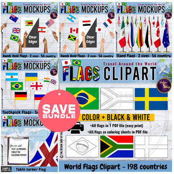 Bundle flags of the world teenage hands mockups clipart and coloring sheets