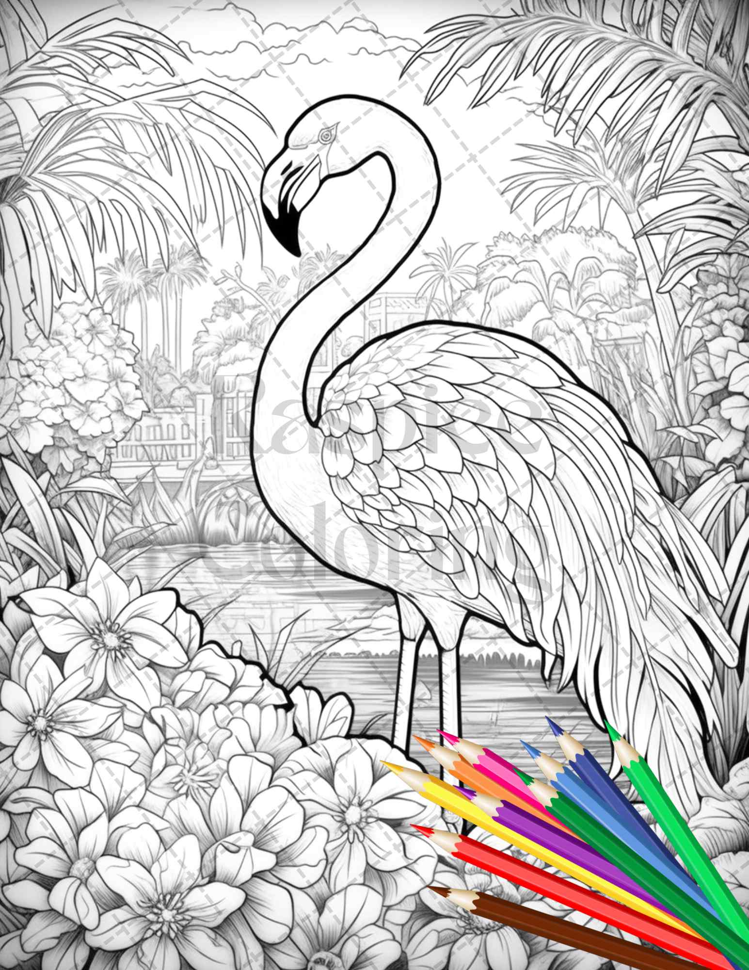 Flamingo oasis grayscale coloring pages printable for adults pdf file â coloring