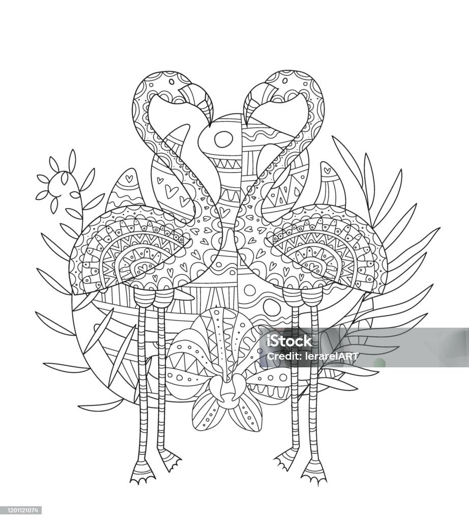 Hand drawing coloring pages for children and adults a beautiful pattern with small details for creativity antistress coloring book with tropics two flamingos among the leaves monstera and orchid stock illustration