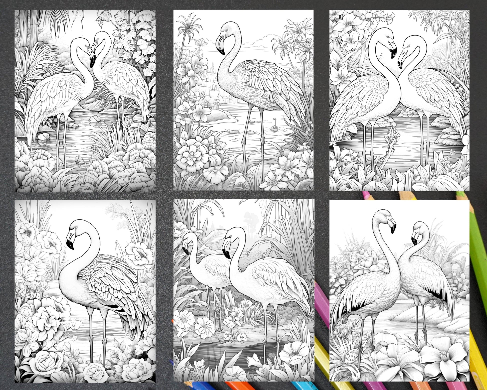 Flamingo oasis grayscale coloring pages printable for adults pdf file â coloring