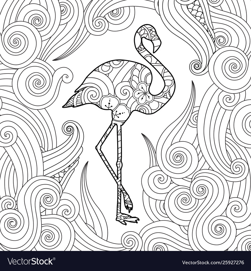 Coloring page with doodle style flamingo vector image