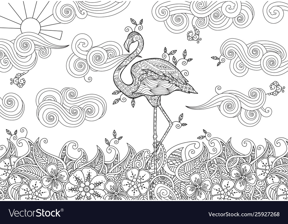 Coloring page with doodle style flamingo vector image
