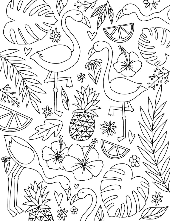 Tropical flamingo coloring pages instant download download now