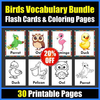 Birds vocabulary flash cards coloring pages bundle