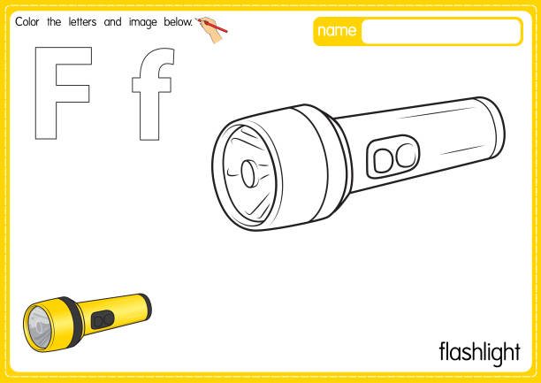 Vector illustration of kids alphabet coloring book page with outlined clip art to color letter f for flashlight stock illustration