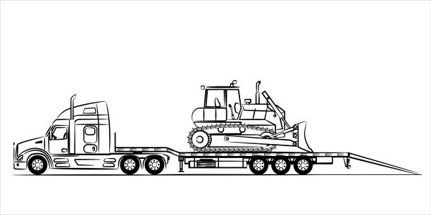 American flatbed trailer truck abstract silhouette on white background a hand drawn of a truck car trailer with axle extendable trailer rigged low bed trailer truck with bulldozer stock illustration