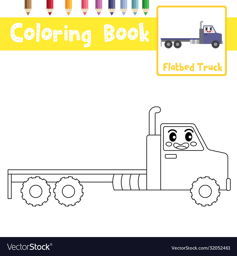 Coloring page flatbed truck cartoon character vector image