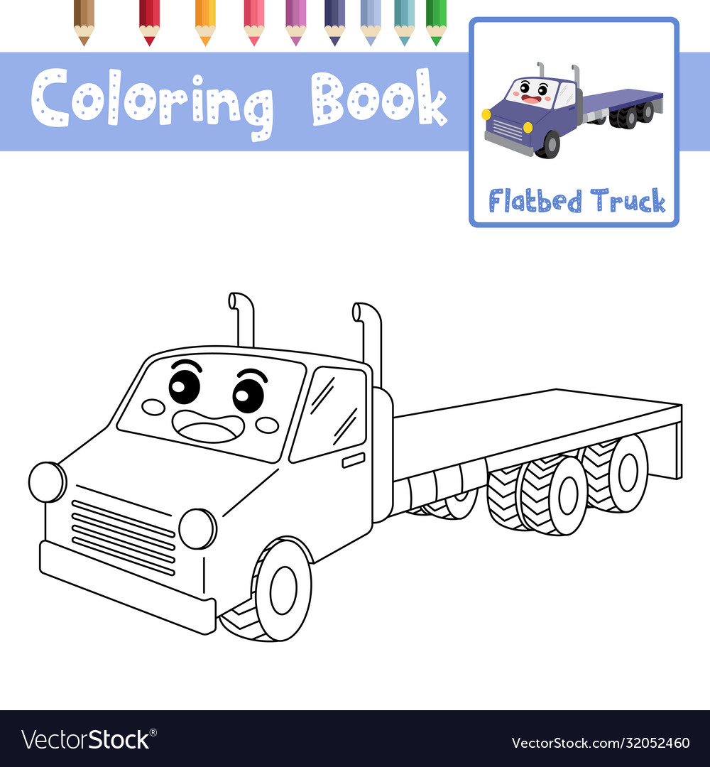 Coloring page flatbed truck cartoon character vector image
