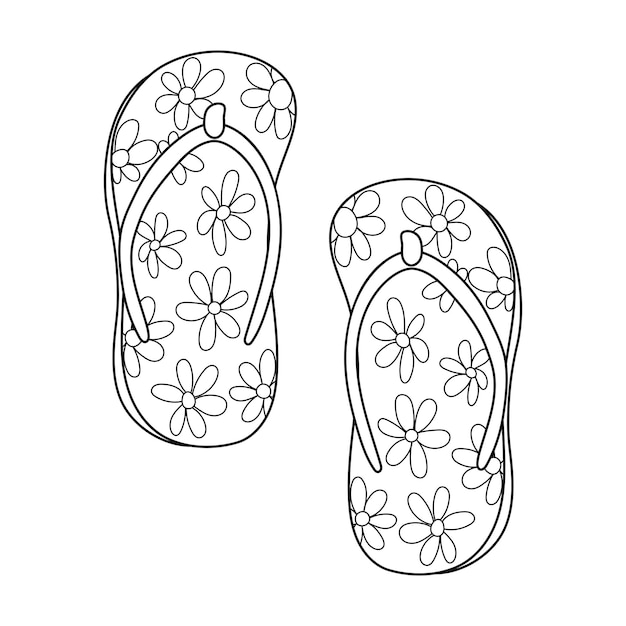 Premium vector doodle flip flop shoes in outline with flower pattern pair of slippers coloring page