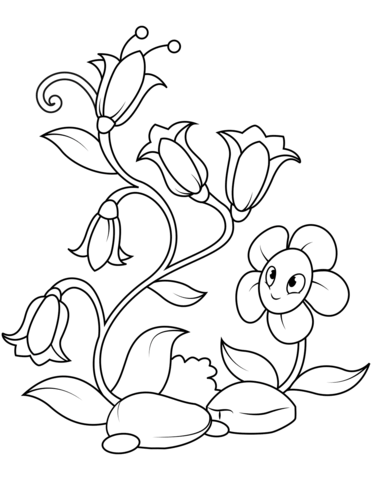 Bellflowers and funny flower character coloring page free printable coloring pages