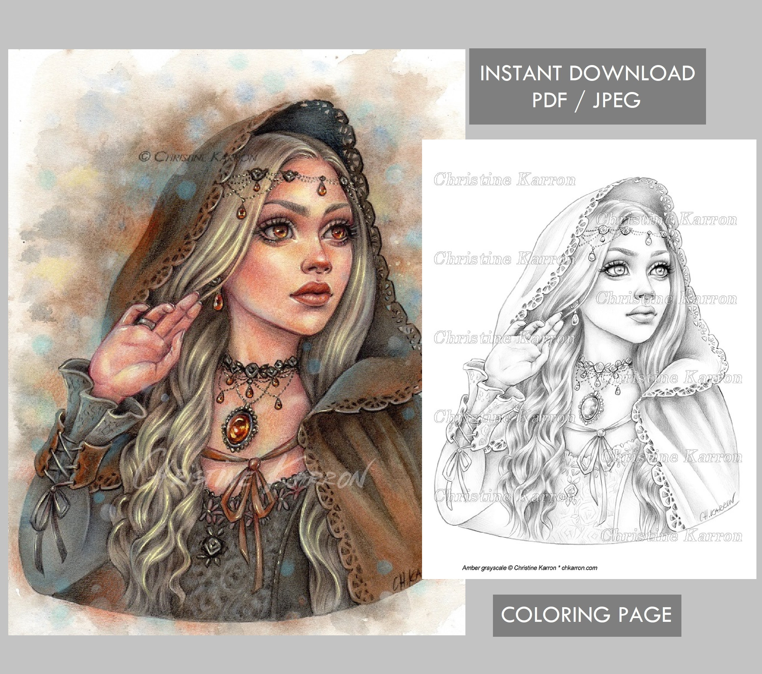 Amber coloring page grayscale illustration fae hood woman princess portrait instant download printable file jpeg and pdf christine karron