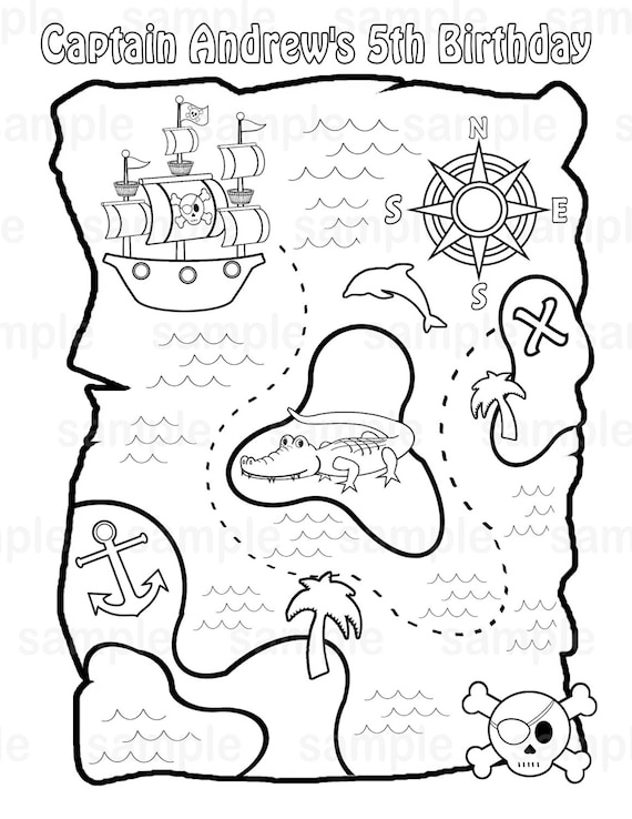 Personalized pirate treasure map coloring page birthday party favor colouring activity sheet personalized printable template