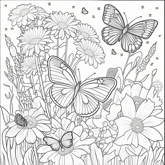 Printable flowers and butterflies coloring pages for kids and adults digital download pdf instant download