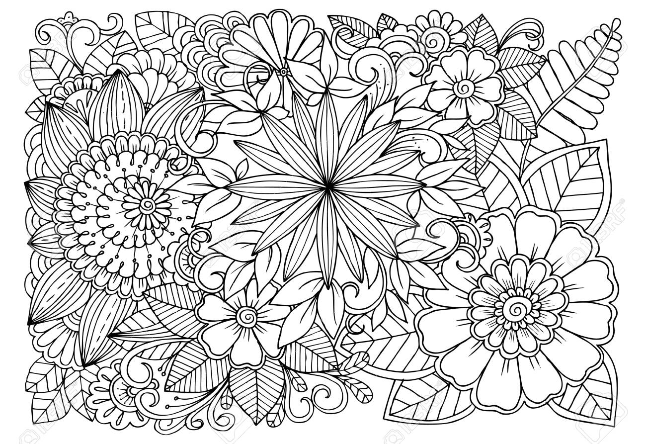 Black and white flower pattern for adult coloring book doodle floral drawing art therapy coloring page royalty free svg cliparts vectors and stock illustration image