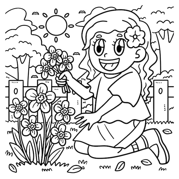 Niãa de primavera recogiendo flor pãgina para colorear para niãos vector premium