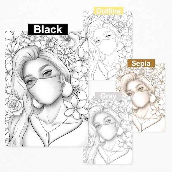 Printable coloring page fantasy floral girl portrait wearing mask