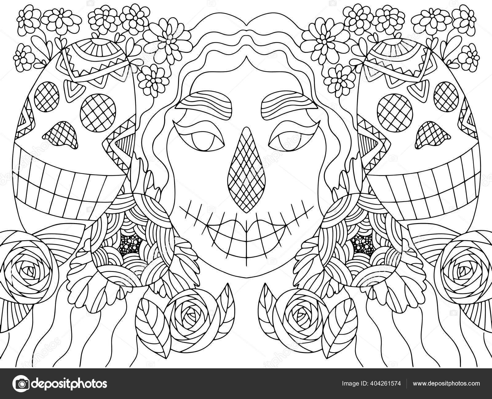 Scary female two skull masks blossom flowers coloring page day stock vector by funfishyandexru