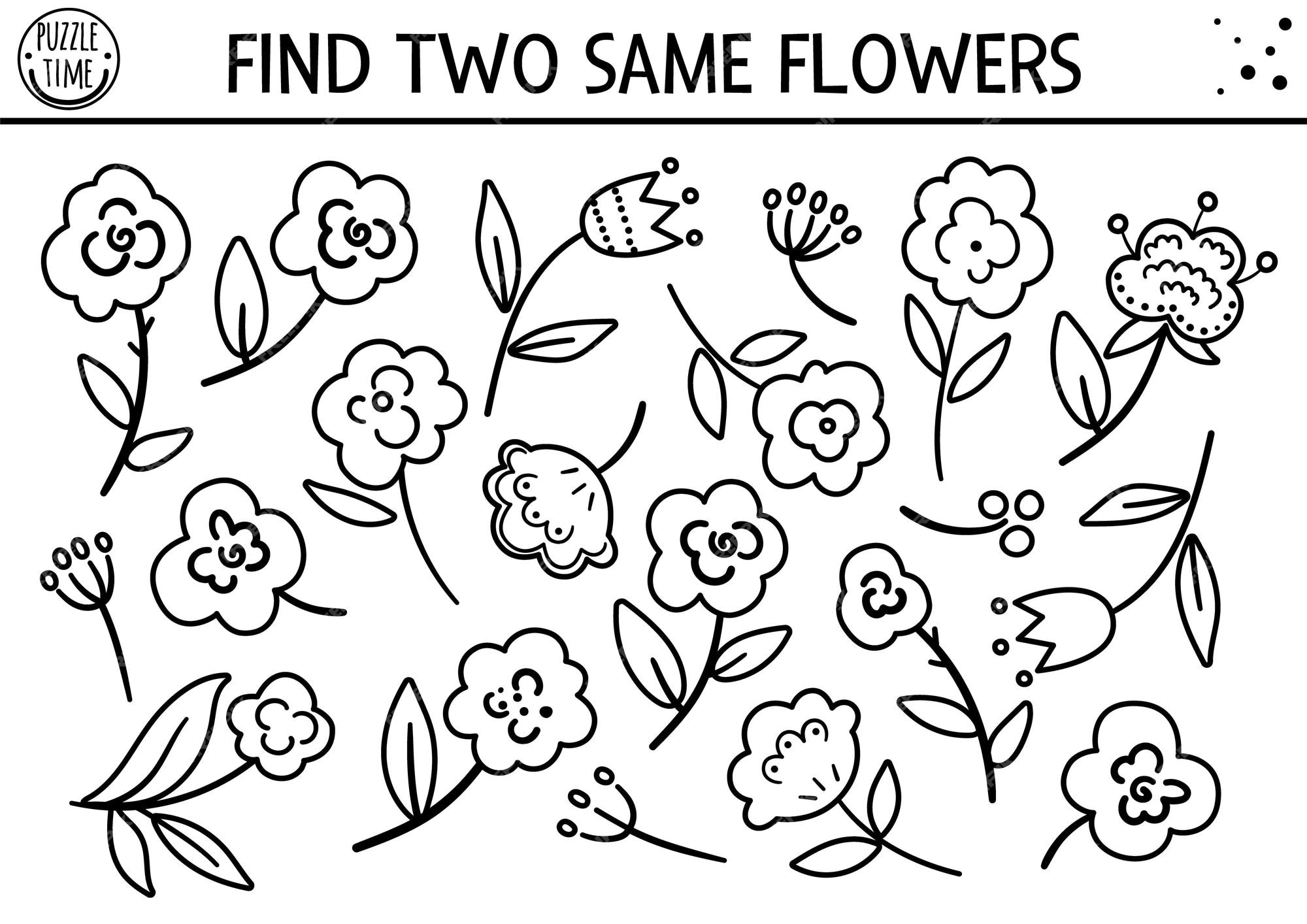 Premium vector find two same flowers mothers day black and white matching activity for children funny spring line logical quiz worksheet for kids simple printable game or coloring page with cute