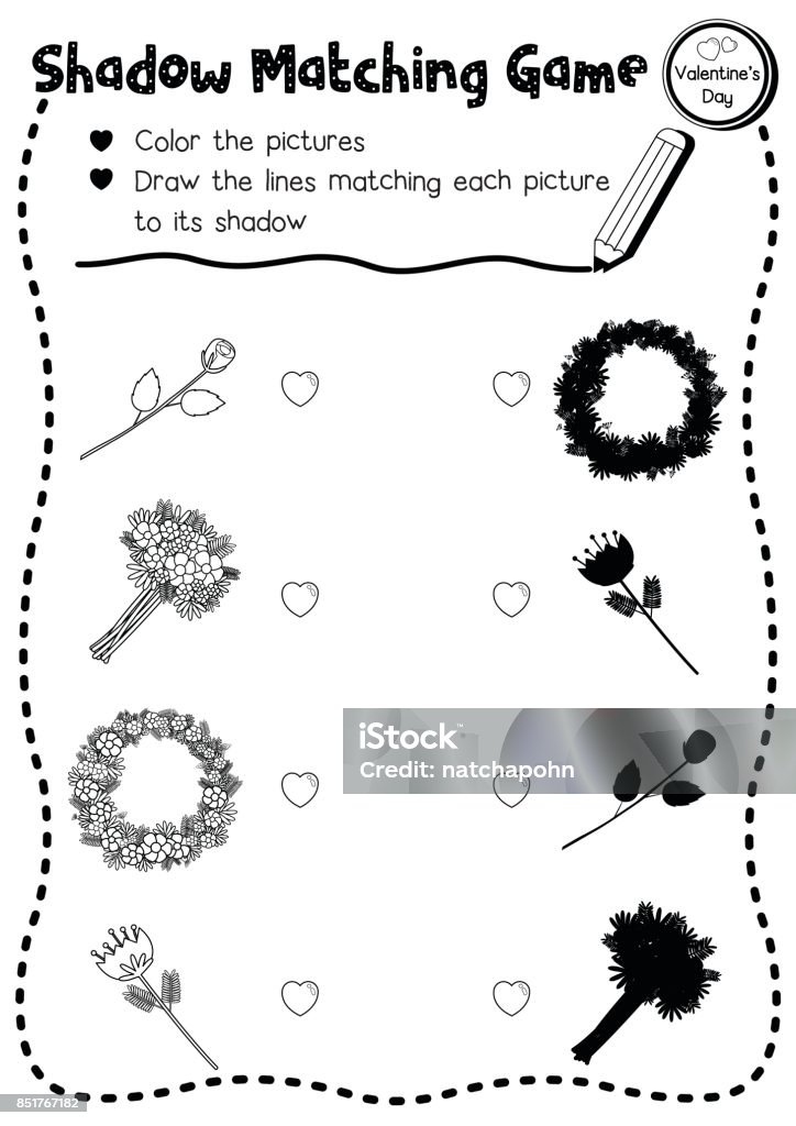 Shadow matching game valentine flower coloring page version stock illustration
