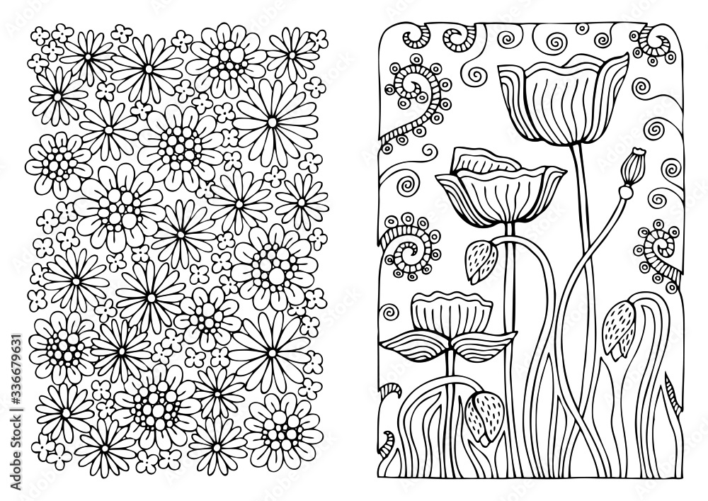 Set of coloring pages with flowers pattern may be used for print of postcards congratulation cards or fabric bags hand drawn illustration for coloring book in zentangle style vector
