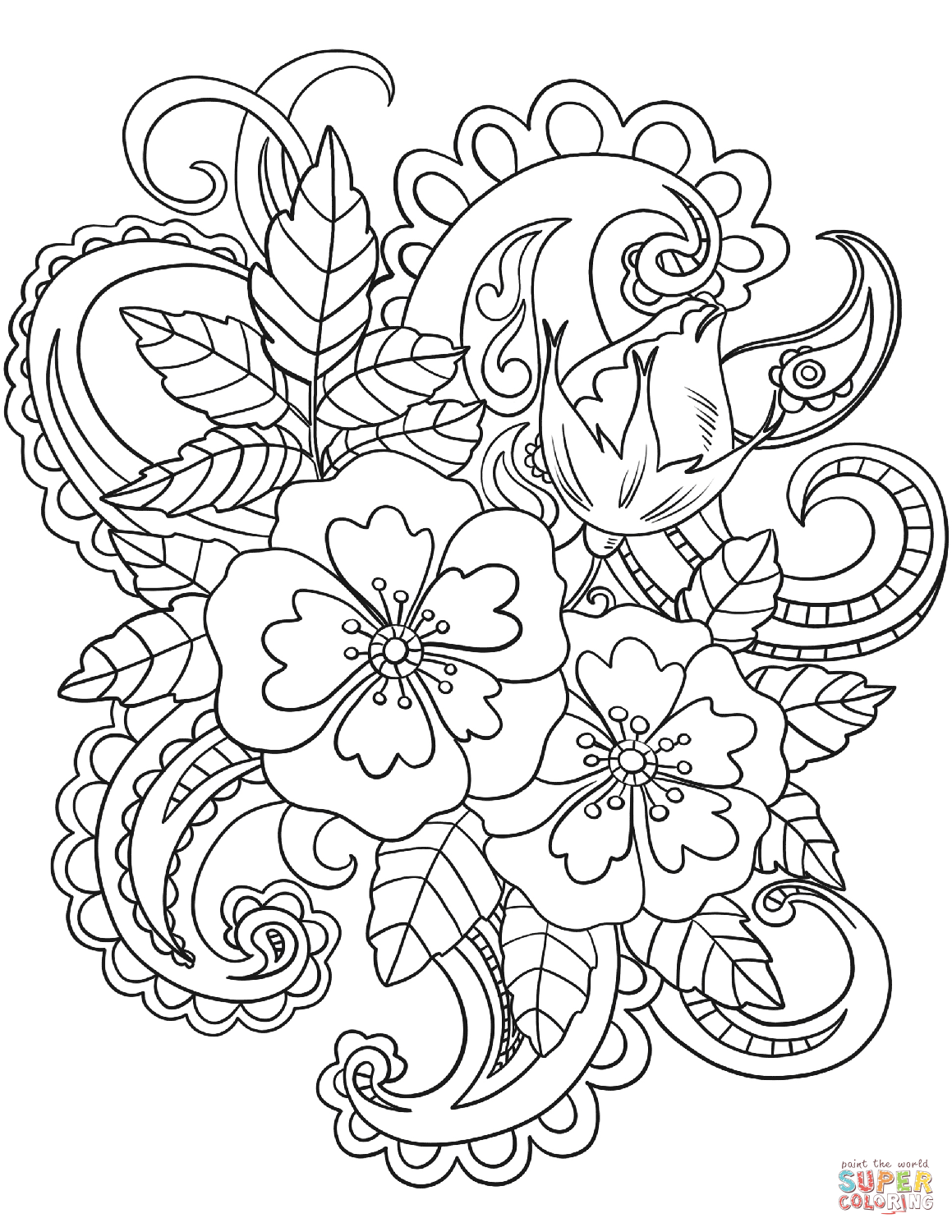 Flowers with paisley patterns coloring page free printable coloring pages