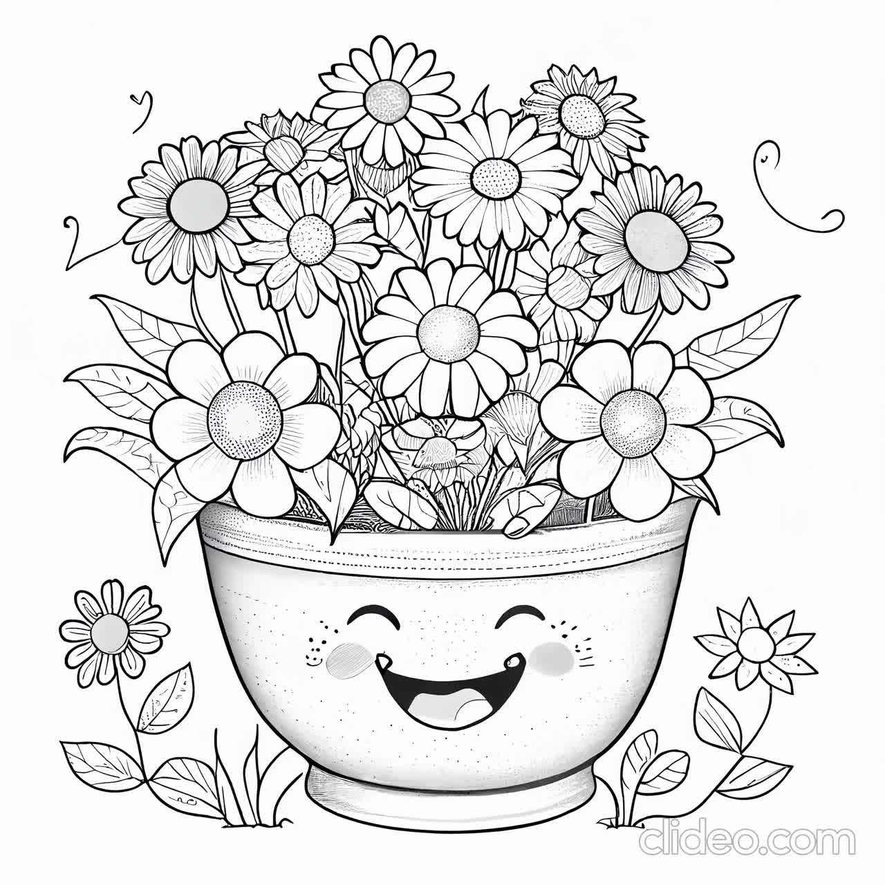 Smiling blooms flower pot coloring pages filled with joy and positivity print paint for instant download pdf download now
