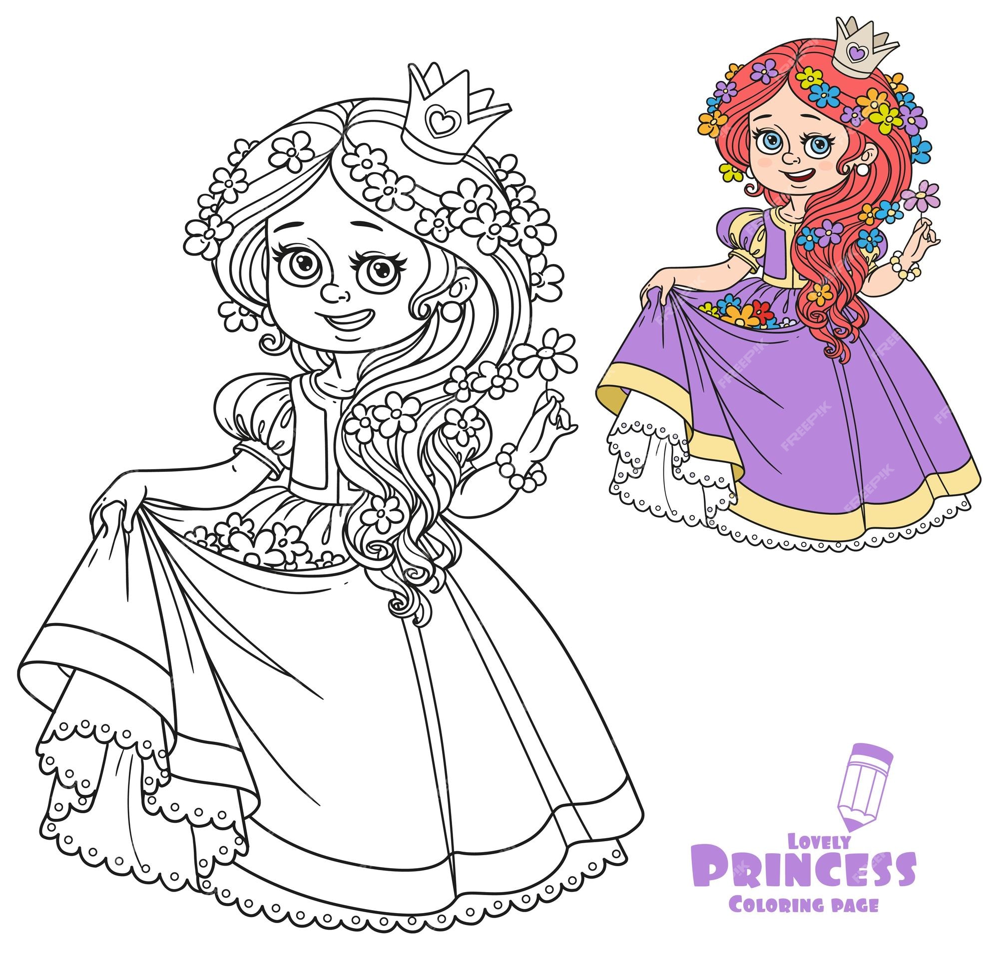 Premium vector beautiful princess with flowers in the hair and the hem of the dress color and outlined picture for coloring book on white background