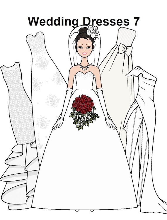 Wedding dresses paper doll printable paper doll asian bride mermaid gown princess gown flower bouquet coloring pages