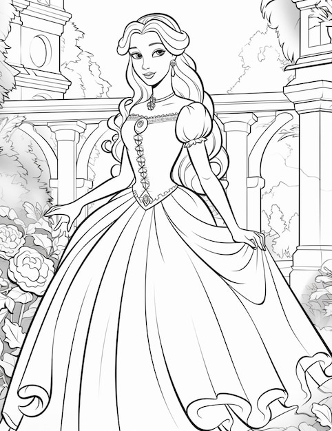 Premium ai image a coloring page of a princess in a dress with flowers generative ai