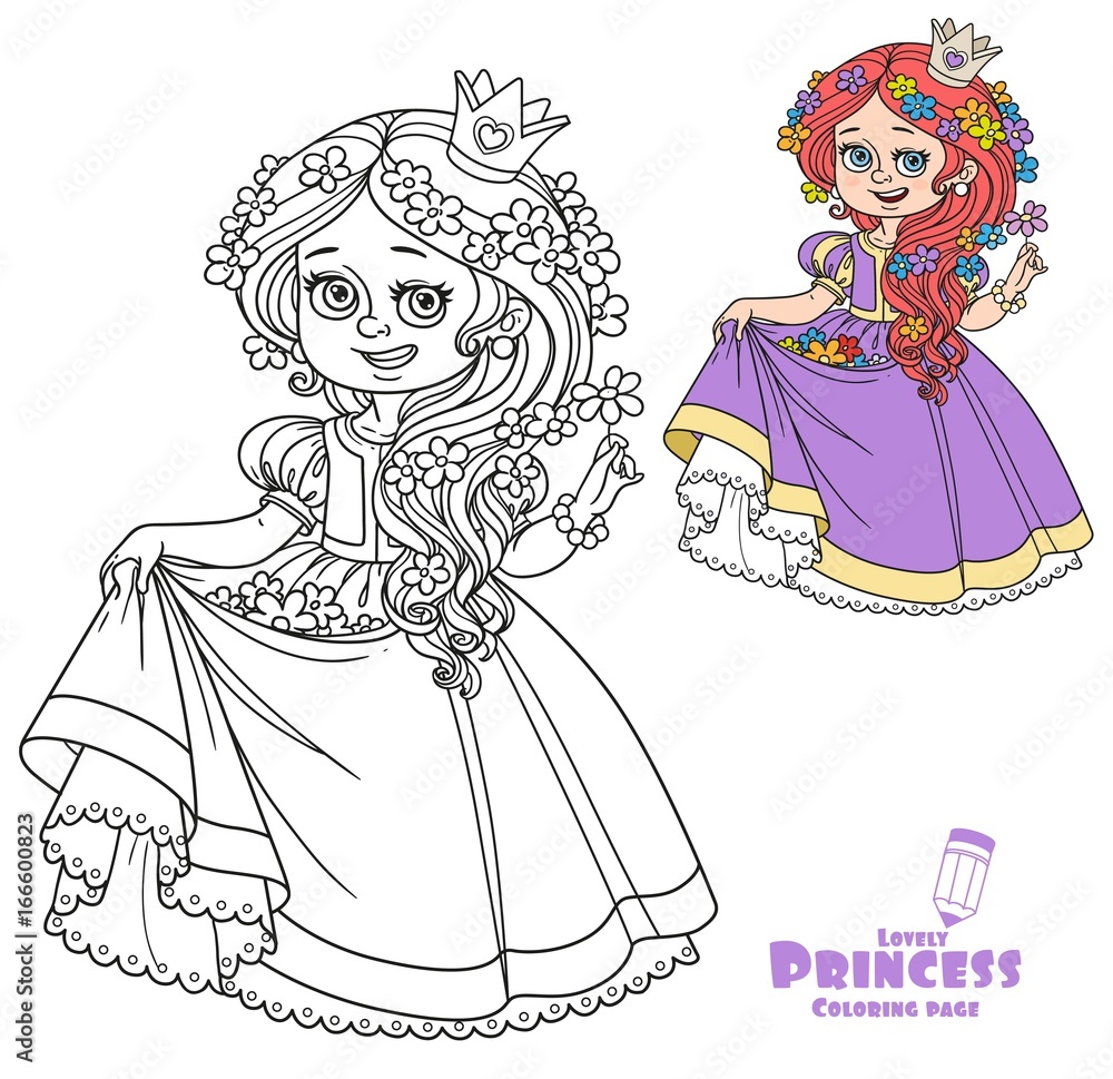 Beautiful princess with flowers in the hair and the hem of the dress color and outlined picture for coloring book on white background vector