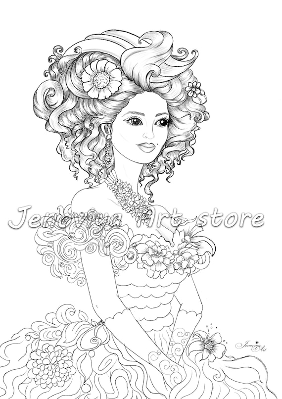 Fashion coloring page dress coloringoutfit coloring flower queen dress printable coloring lineart coloring grayscale coloring