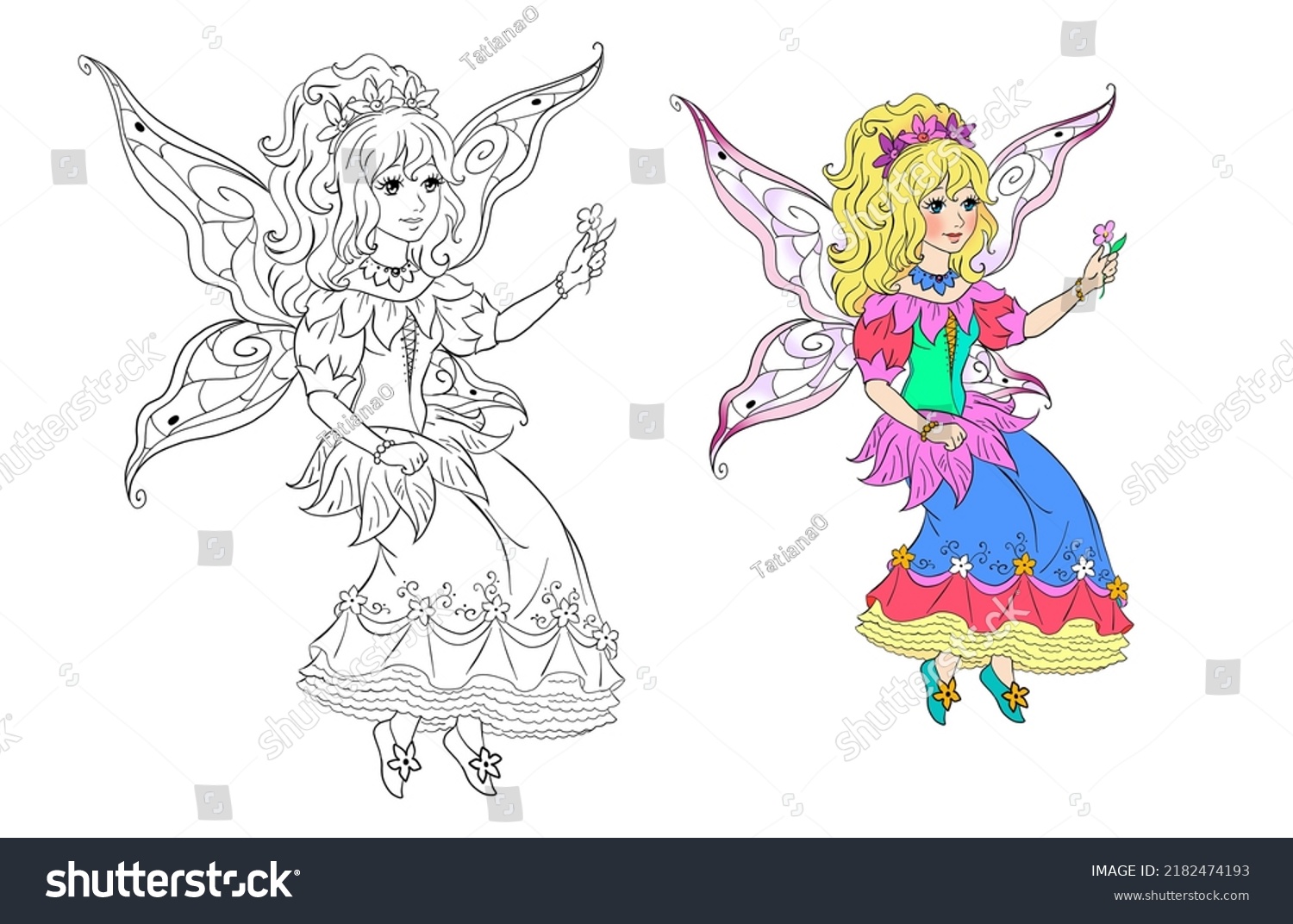 Flower fairy girl beautiful dress coloring stock illustration