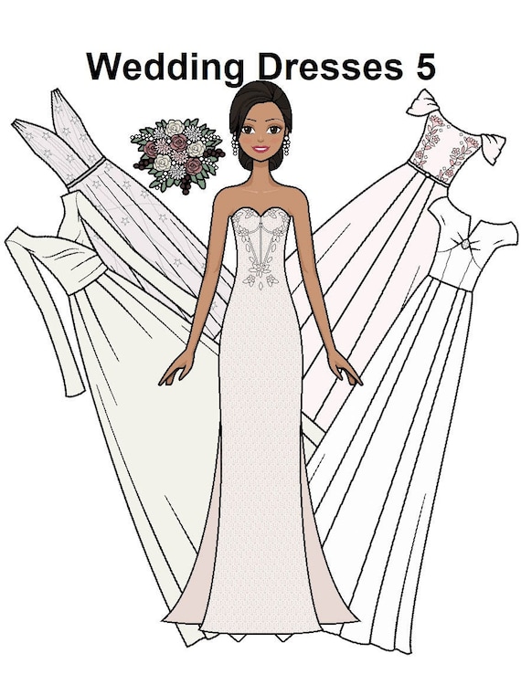 Wedding dresses paper doll printable paper doll hispanic latina bride mermaid gown princess gown flower bouquet coloring pages