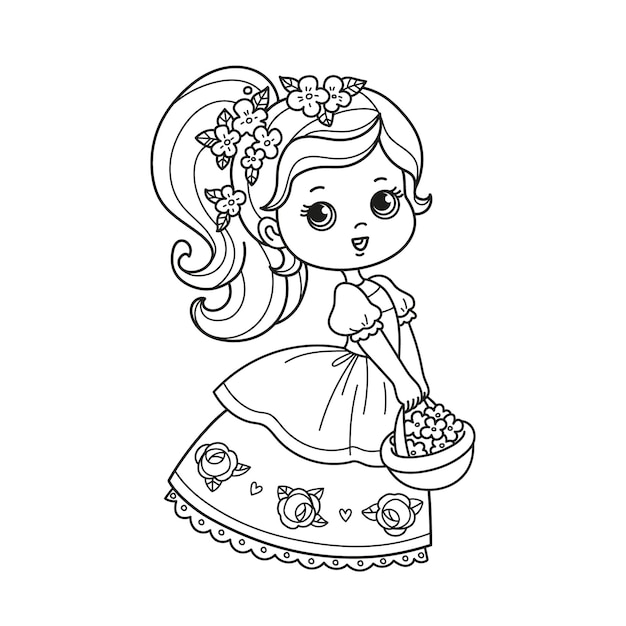 Premium vector cartoon character a cute little princess in beautiful dress holds basket of flowers coloring book