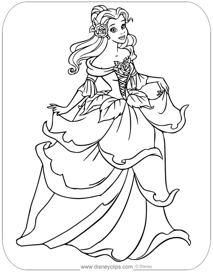 Coloring page of belle wearing a floral dress disney beautyandthebeast belle â princess coloring pages disney princess coloring pages belle coloring pages