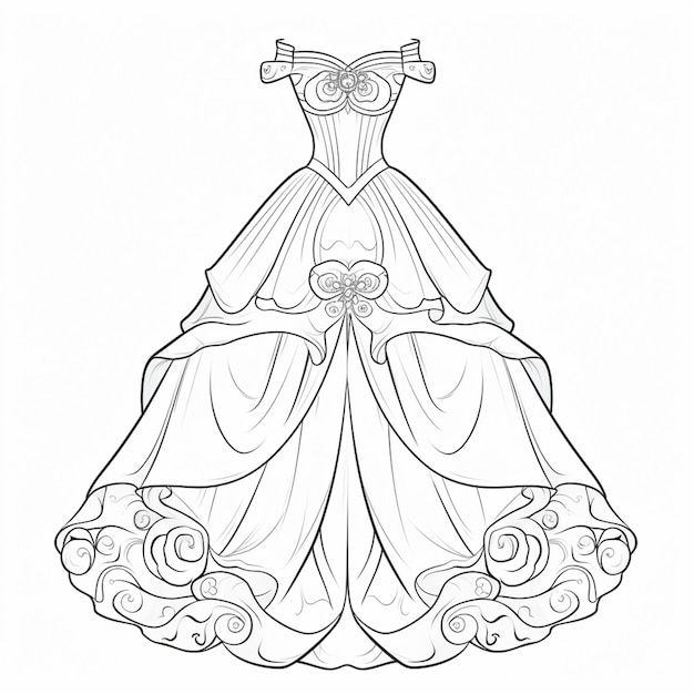 Premium ai image a coloring page of a princess dress with a flower on the skirt generative ai