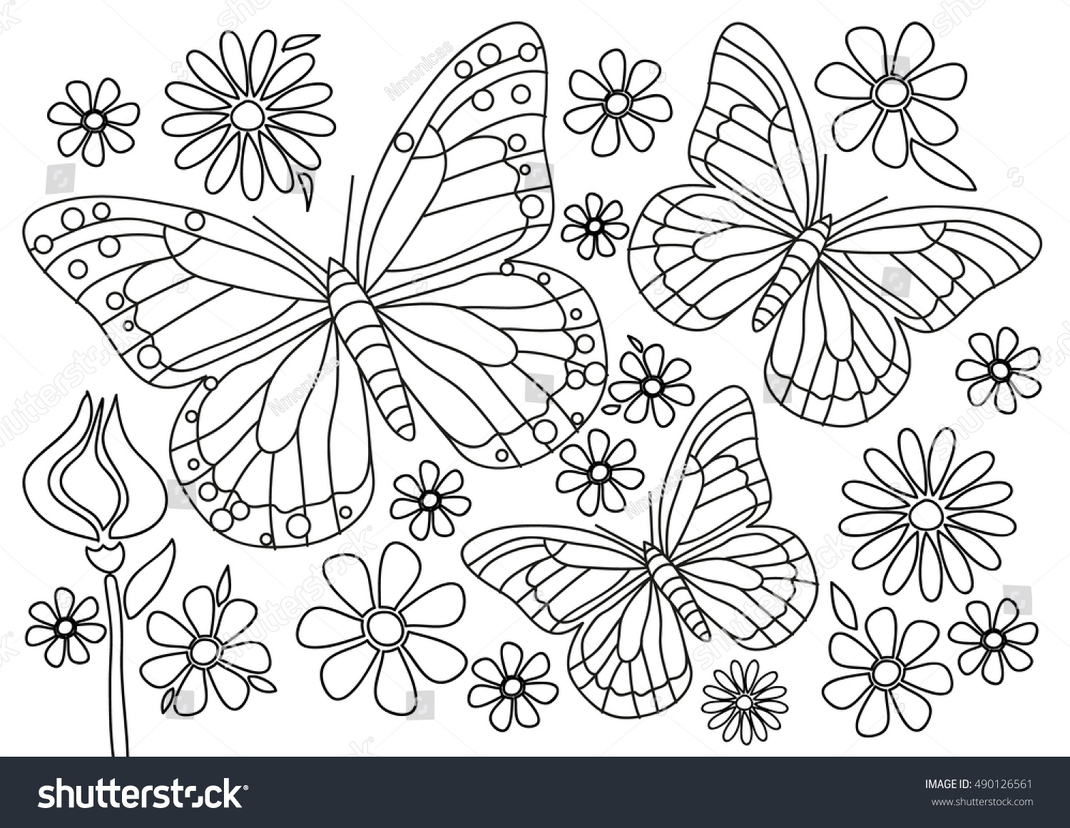 Coloring page butterflies flowers stock vector royalty free