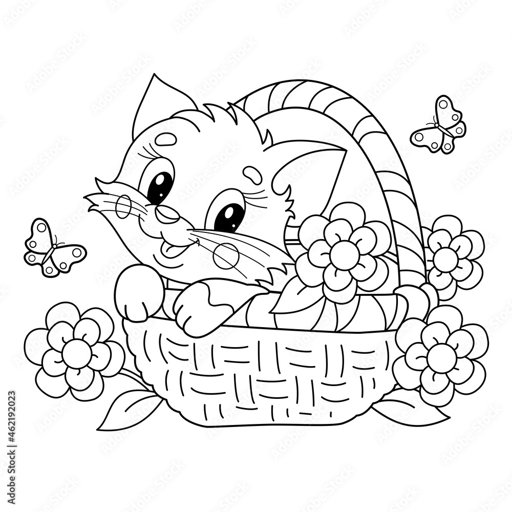 Coloring page outline of cartoon little cat in flower basket fluffy gift cute kitten pet coloring book for kids vector