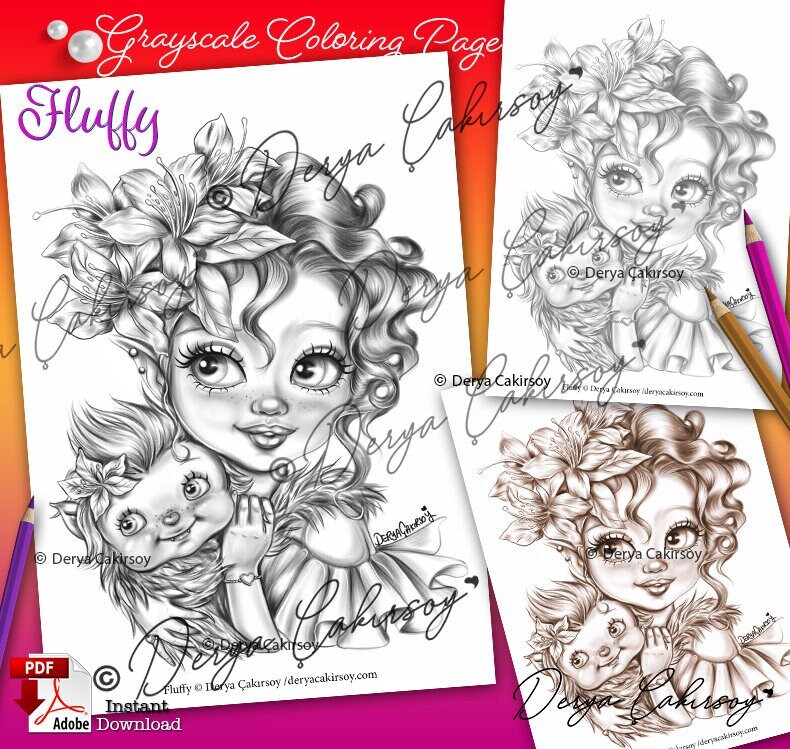 Fluffy coloring page for adults and kids darklight sepia grayscale all in one cute elf and pet illustration printable instant download