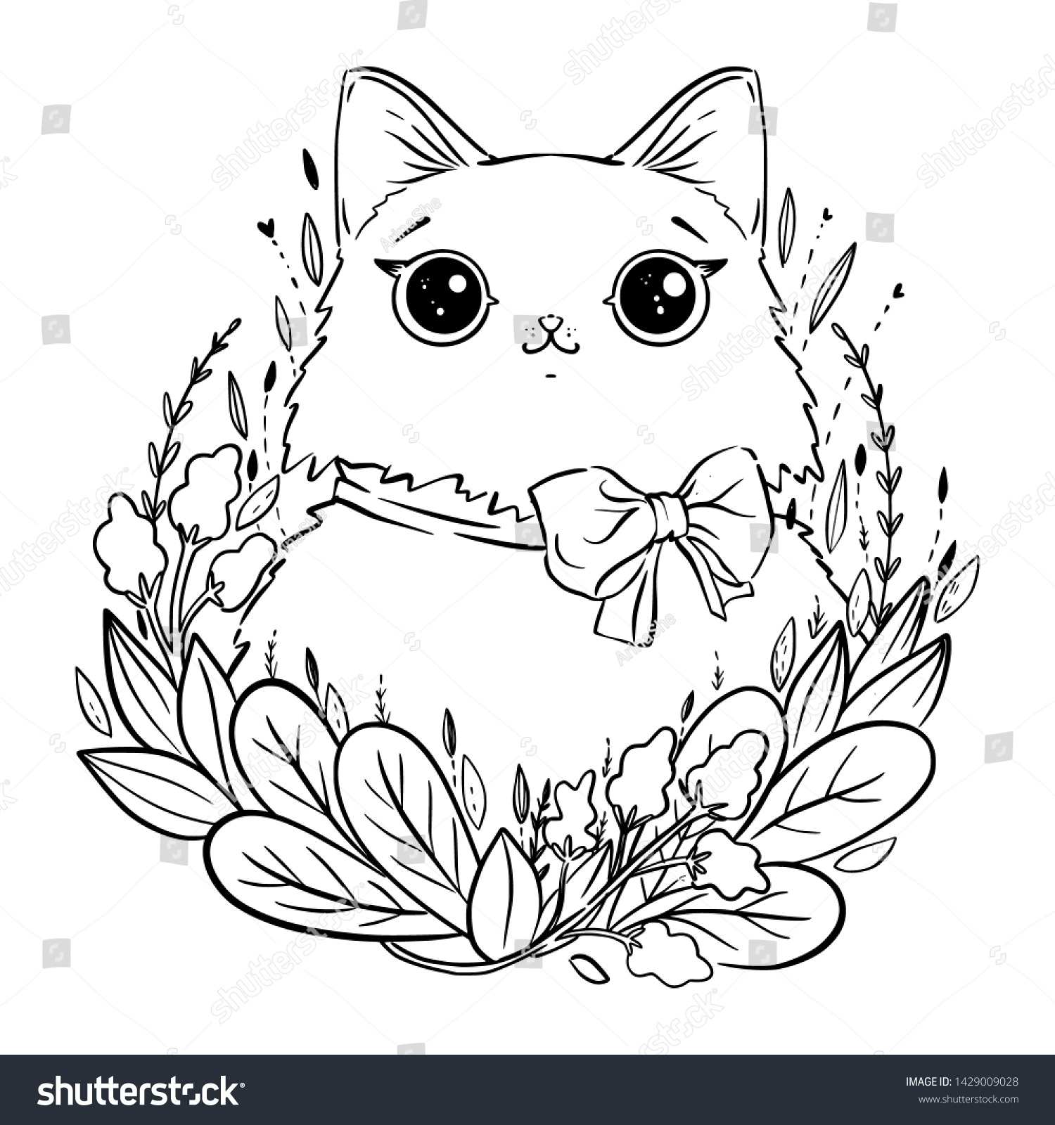 Coloring page cartoon fluffy cat flowers stock vector royalty free
