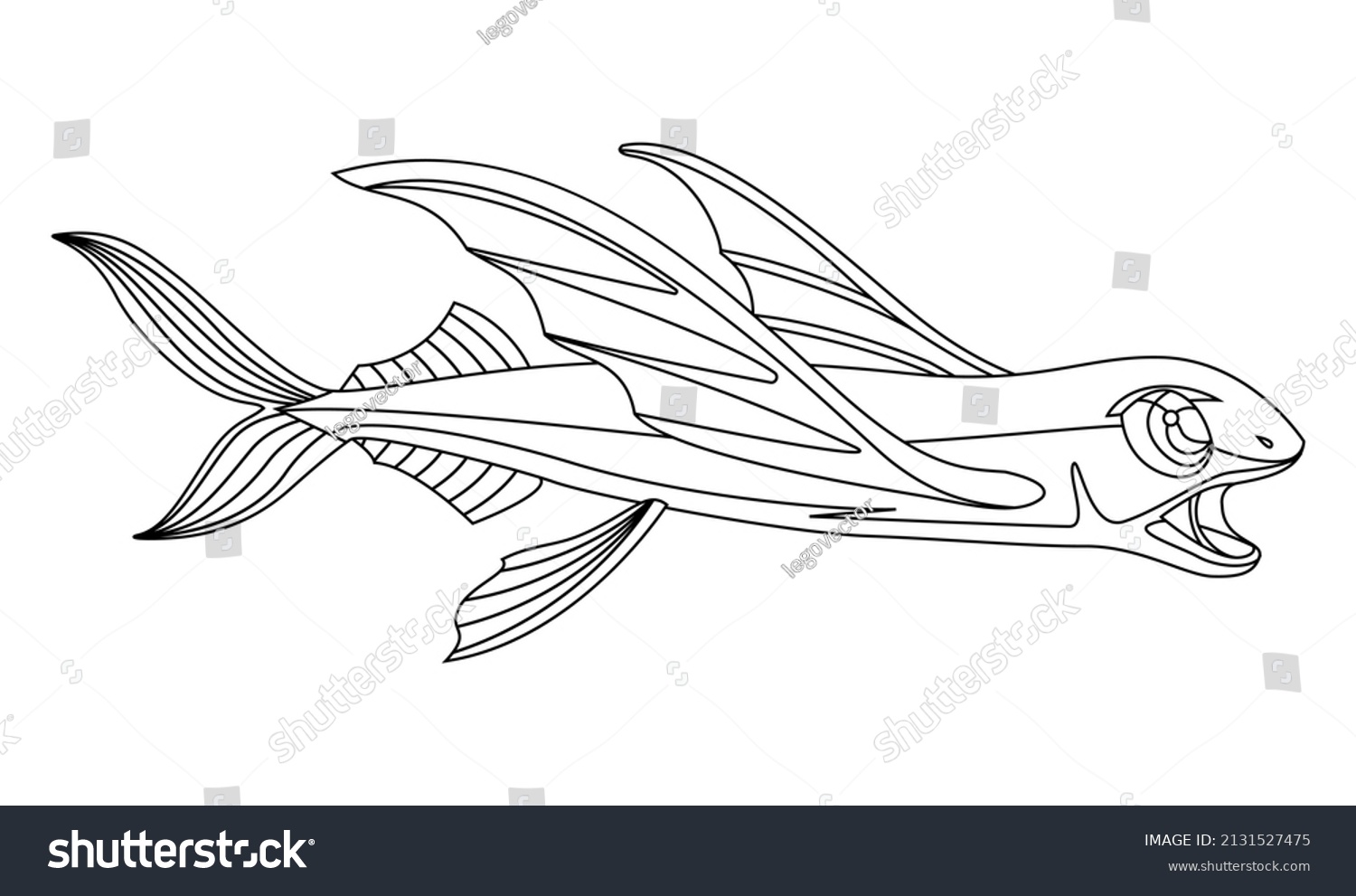 Flying fish linear style printing coloring stock vector royalty free