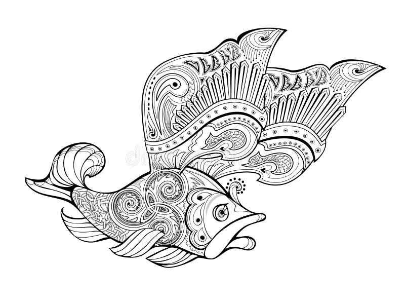 Fantastic warlike flying fish with wings coloring book printable image for maritime logo tattoo jewelry decoration print stock vector