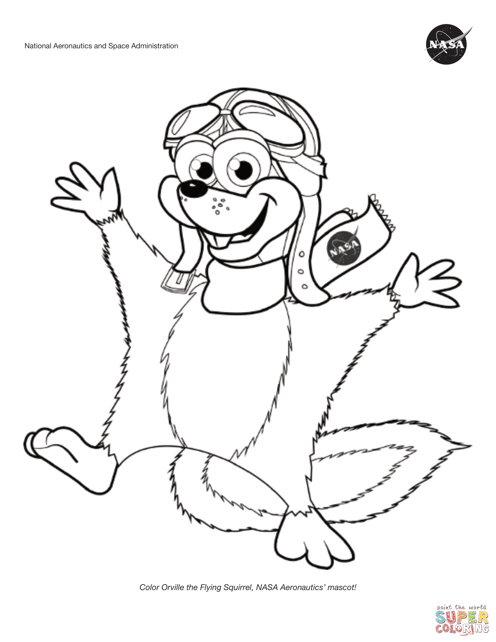 Orville the flying squirrel nasa aeronautics mascot coloring page free printable coloring pages