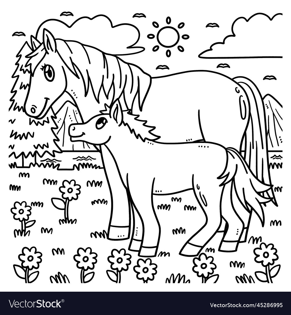 Mother horse and foal coloring page for kids vector image