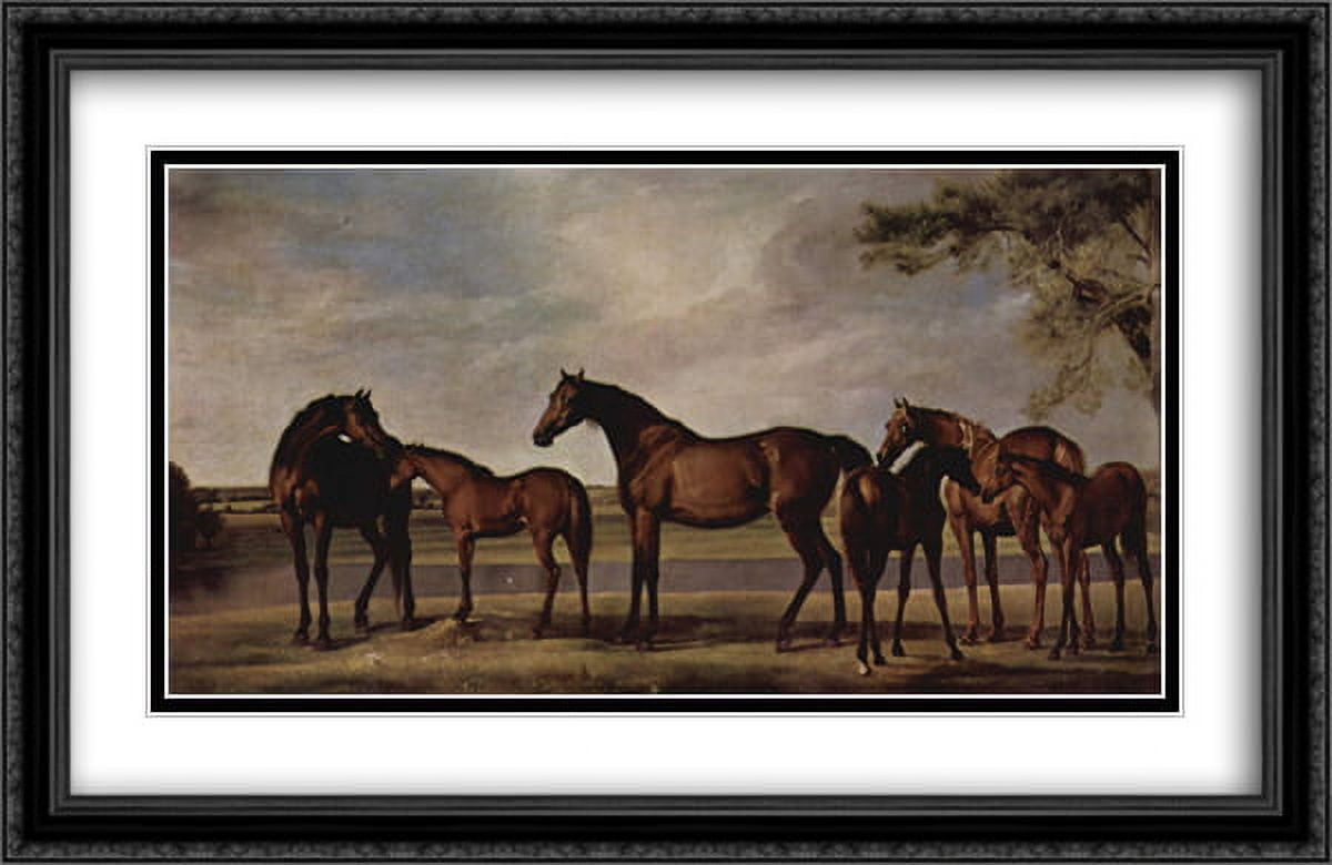 Mares and foals are anxious before a looming storm x matted x large black ornate framed art print by george stubbs